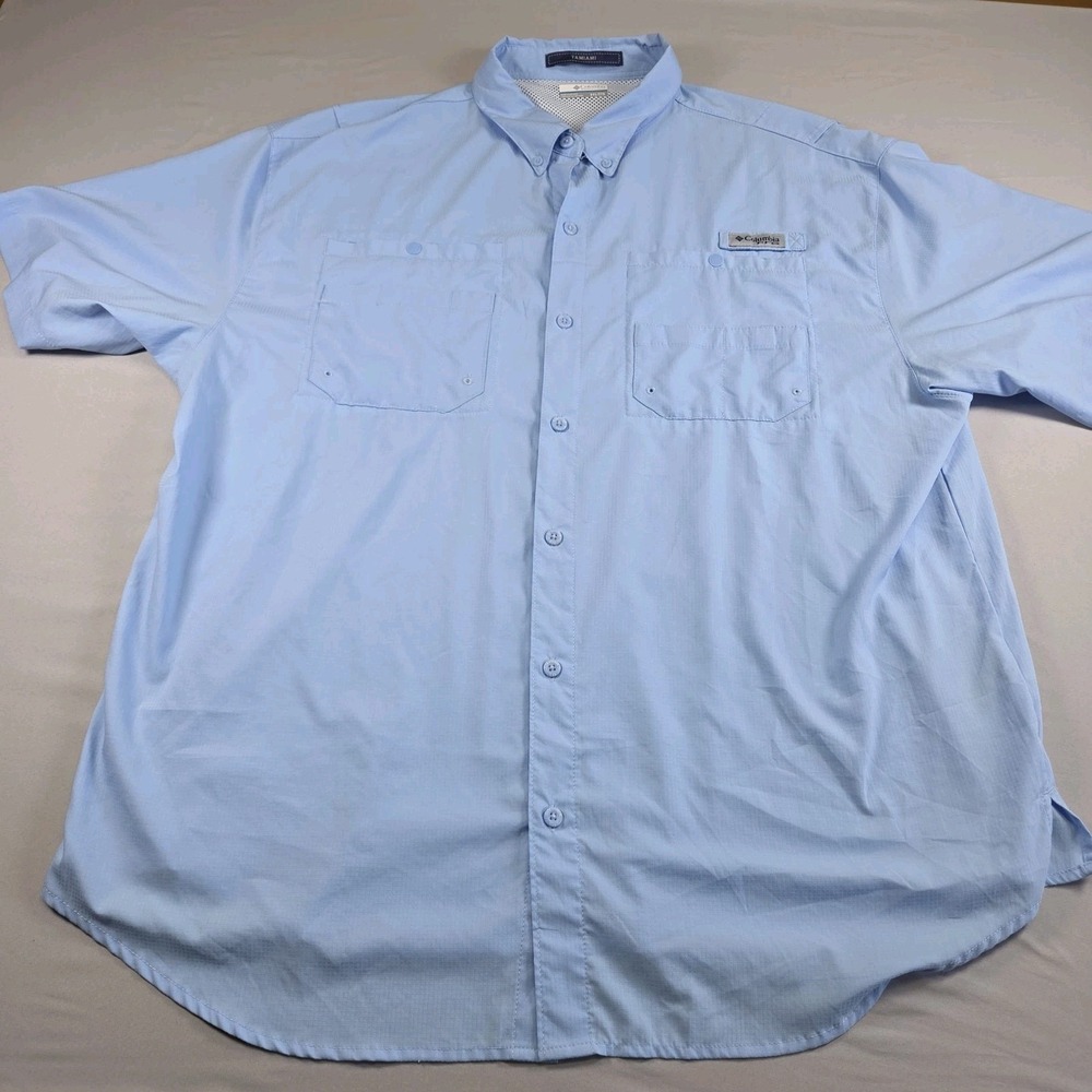 Columbia Fishing Shirt PFG Tamiami Men 2XL Blue Omni Shade Shor Sleeve Button Up